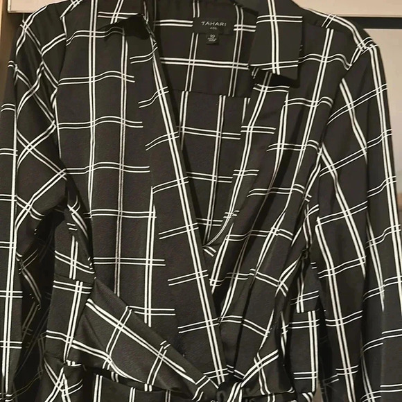 Tahari ASL Women's Long Sleeve Surplus Windowpane Tie Waist Shirt Dress - Picture 5 of 7